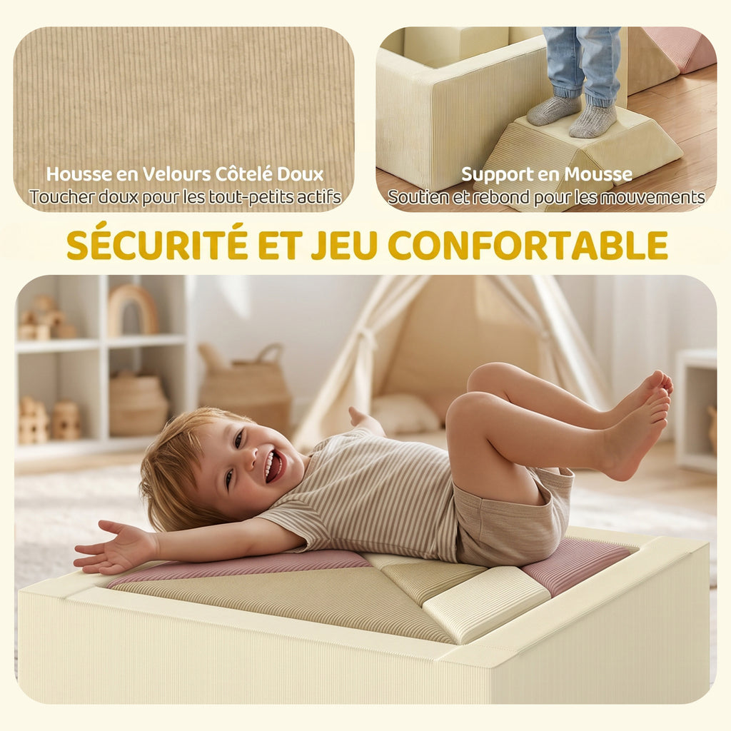 Parcours motricité bébé 9PCS avec piscine à balles, module en mousse souple avec housse en velours côtelé, multicolore-4