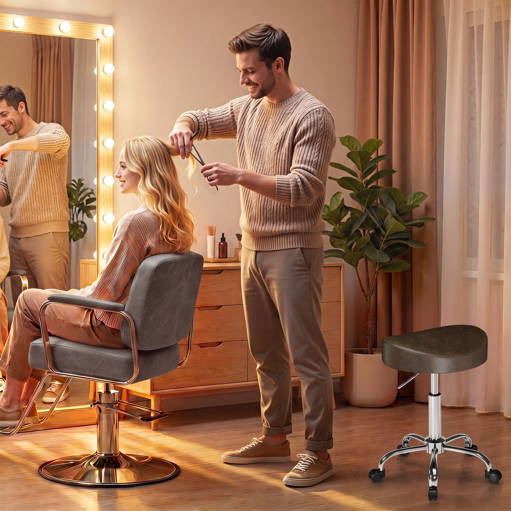 Tabouret à roulettes, tabouret de salon avec hauteur réglable 51-66 cm et assise rembourrée, pivotant 360°, marron-8