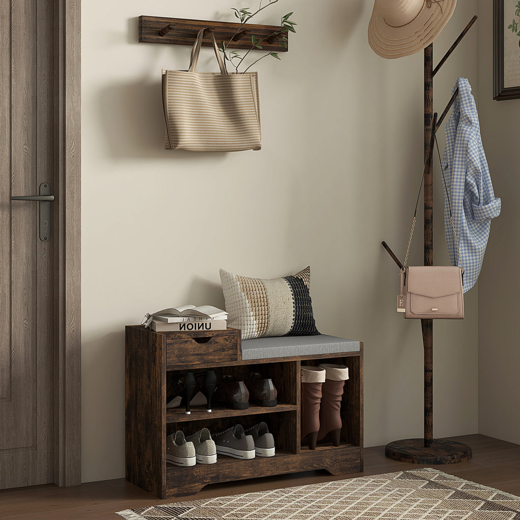 Meuble et Banc à Chaussures, 1 Tiroir et 3 Compartiments, Capacité 5 Paires, MDF, 76,5 x 30 x 52 cm, Marron-9