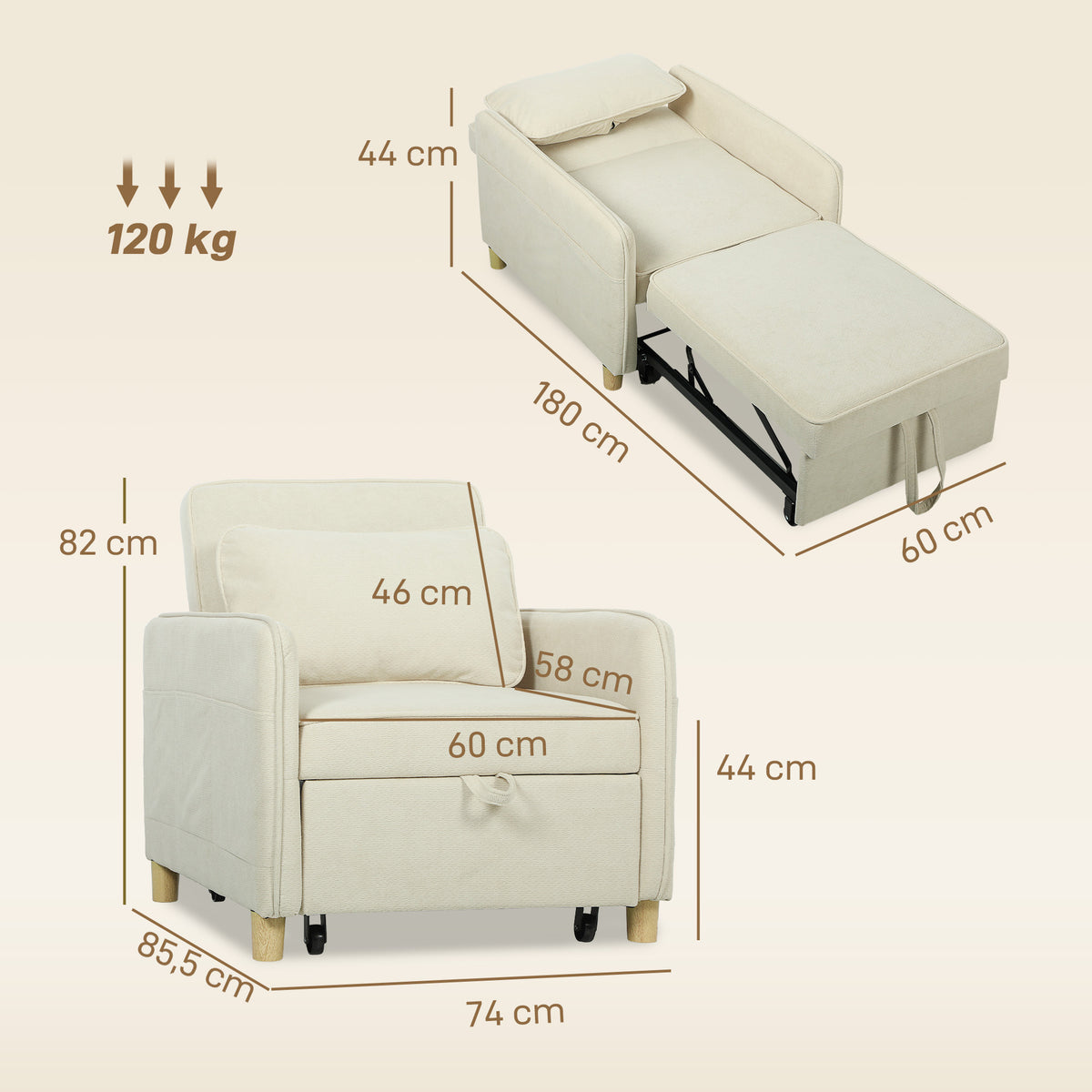 Fauteuil Convertible 1 Place, Fauteuil-Lit Clic-Clac 3 en 1 Rembourré en Velours Grain Maïs, Dossier Réglable, Beige-2