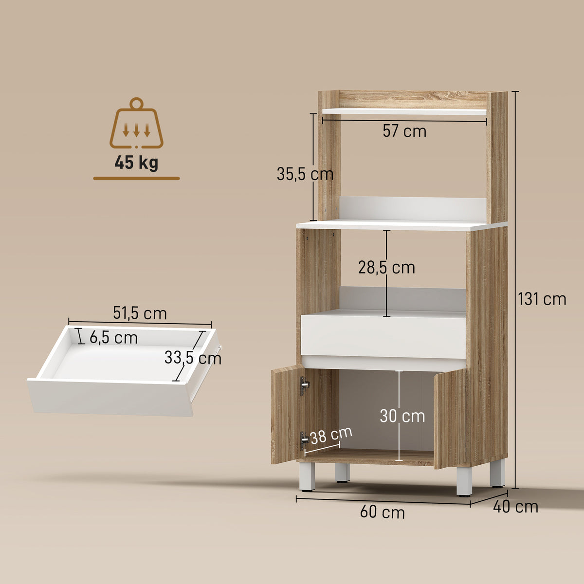 Meuble Micro-Ondes, Buffet Cuisine avec Tiroir, 2 Portes à Fermeture Douce, Plan de Travail et Étagères Ouvertes, Chêne-2