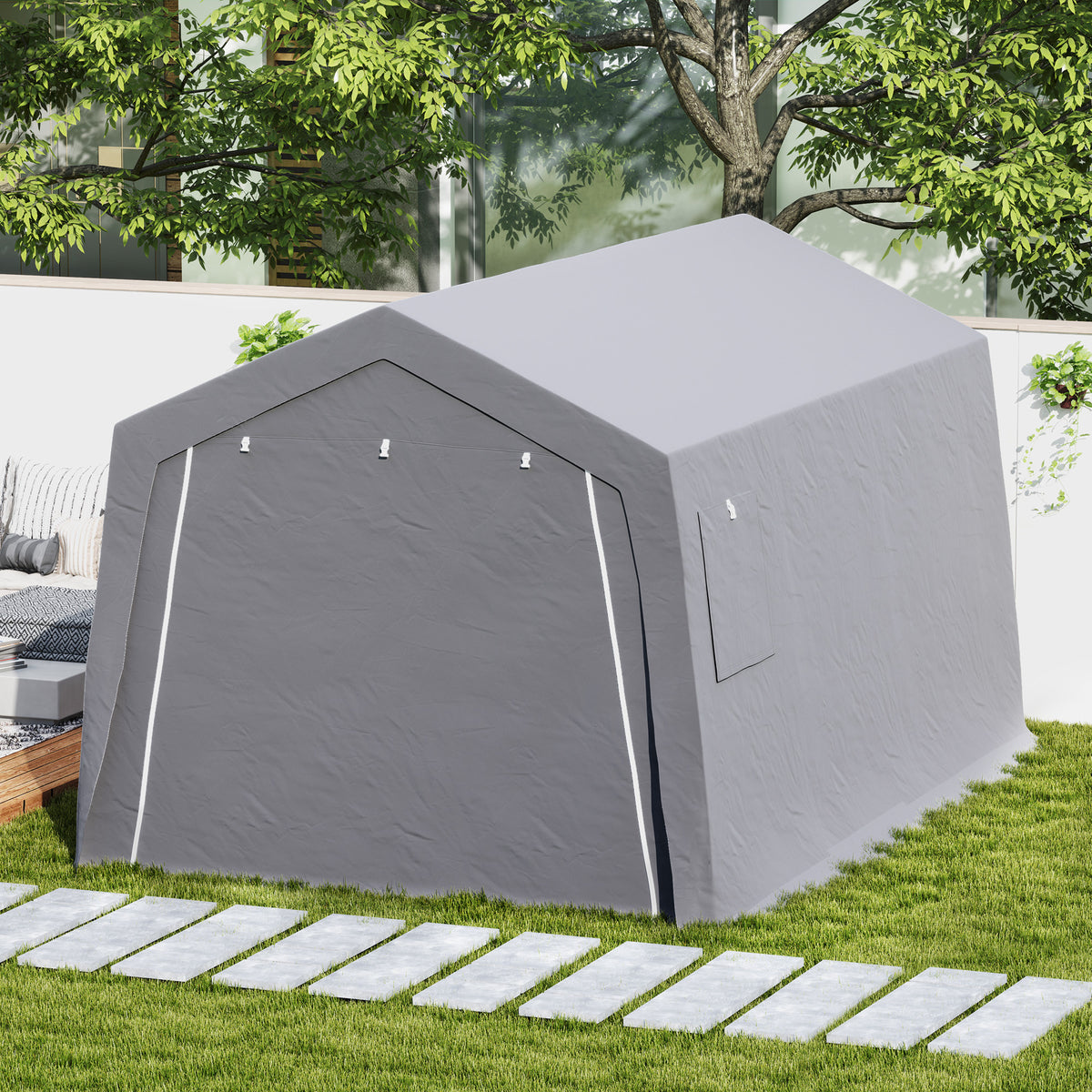 Abri de Rangement Extérieur 3 x 4,5 m, tente de stockage étanche et anti-UV, porte enroulable, fenêtres, gris-8
