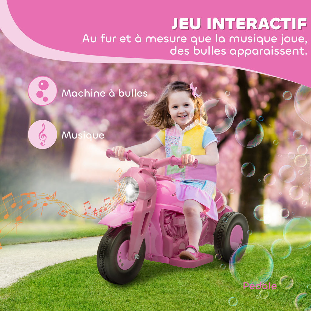 Moto électrique enfants 2-5 ans, 3 roues, 6 V, 3 km/h, avec fonction de bulles, effets lumineux et sonores, rose-3