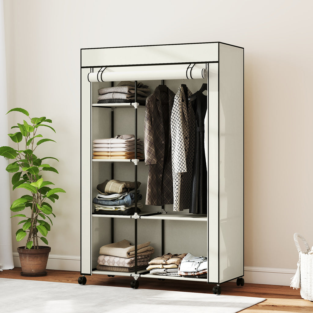 Armoire penderie en tissu meuble de rangement 6 roulettes tringle à vêtements et étagères ouvertes 103x43x162,5cm crème-9