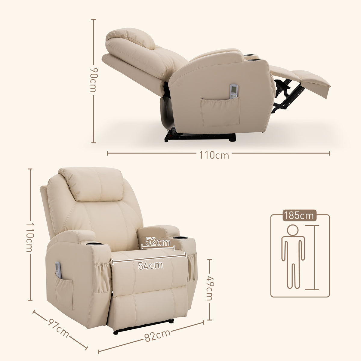 Fauteuil Luxe de Relaxation et Massage Inclinaison Dossier Repose-Pied électrique revêtement synthétique Crème-2