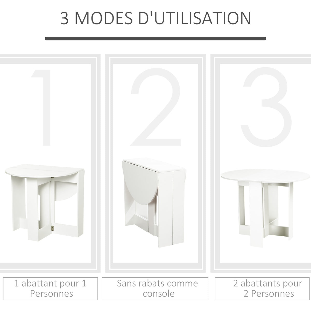 Table pliable de cuisine salle à manger 2 abattants - table ovale extensible - 104L x 76l x 73,7H cm en bois blanc-3