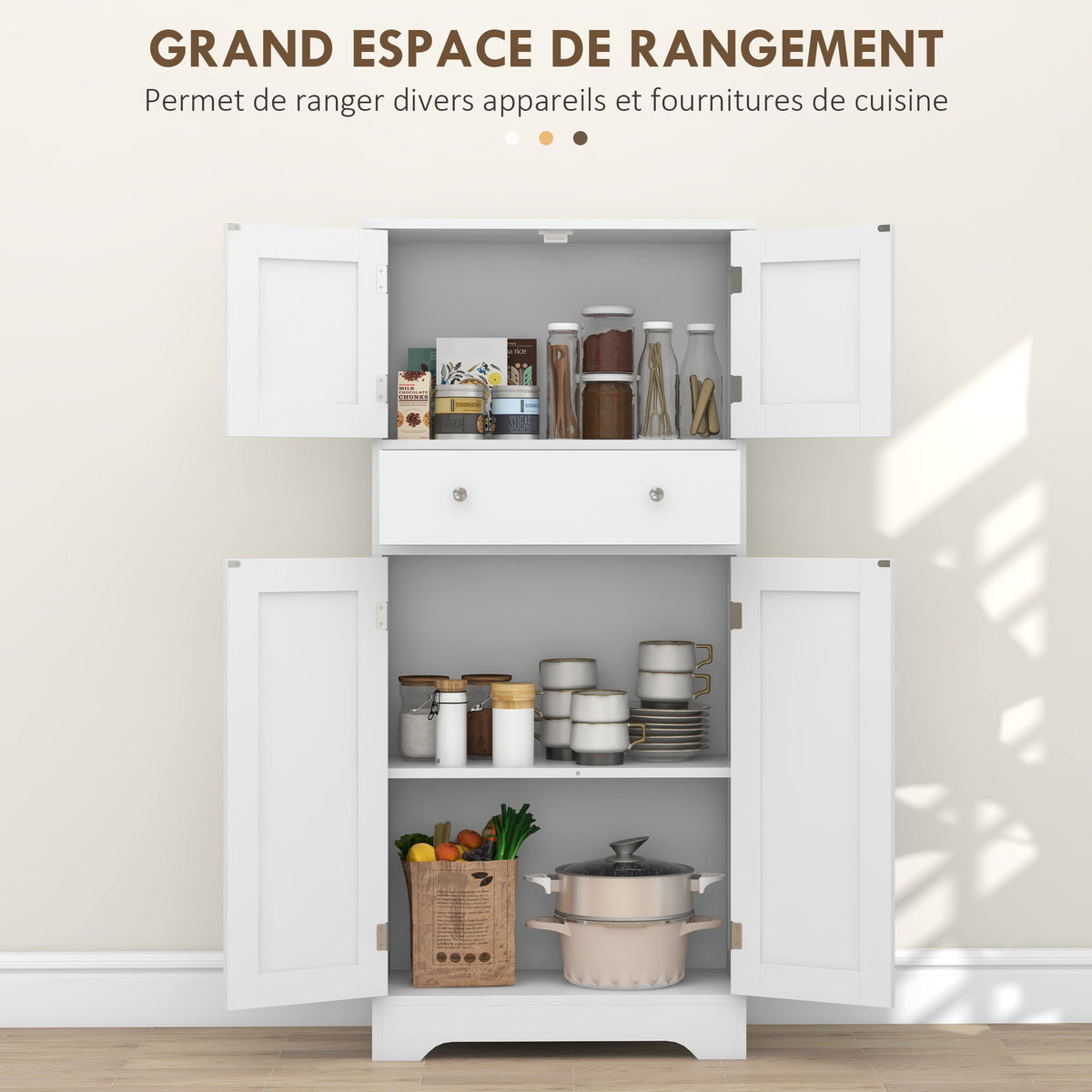 Armoire de cuisine buffet cuisine avec placards, étagères réglables, tiroir, 60 x 30 x 128 cm, blanc-4