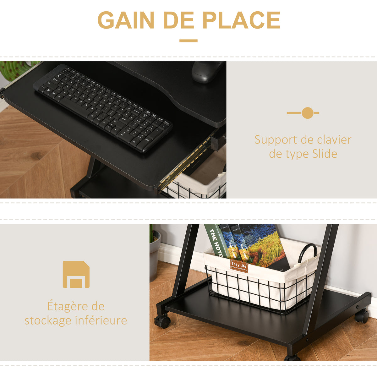 Bureau Informatique Roulant - Bureau Mobile - Table d'ordinateur - Tablette coulissante Clavier + étagère - Noir-4