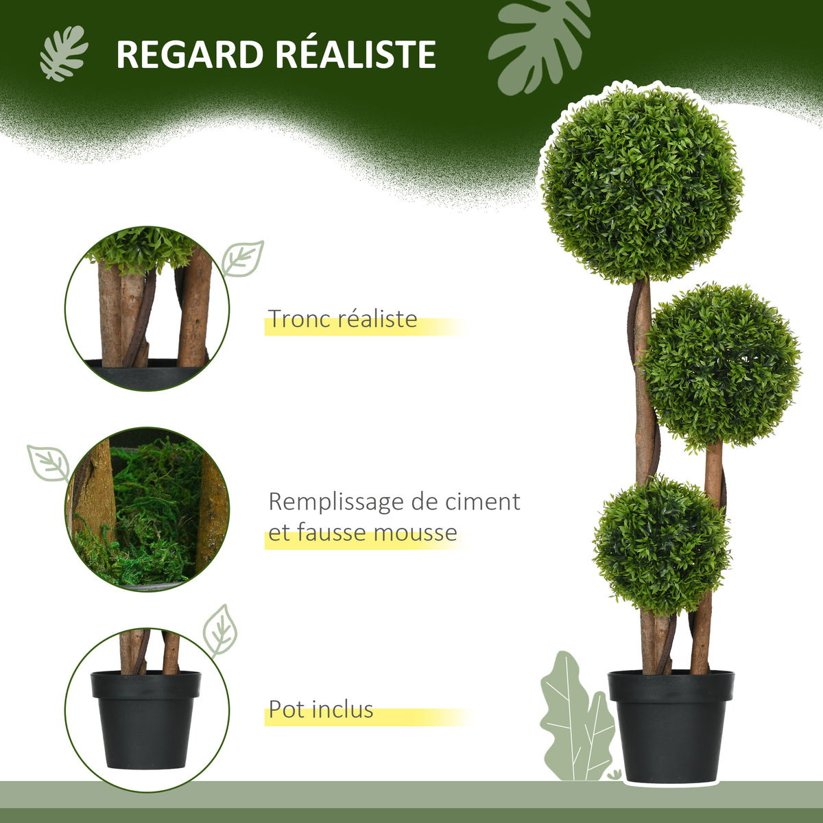 Arbre artificiel buis avec 3 boules feuilles de bambou pot inclus intérieur et extérieur hauteur 110 cm vert-3