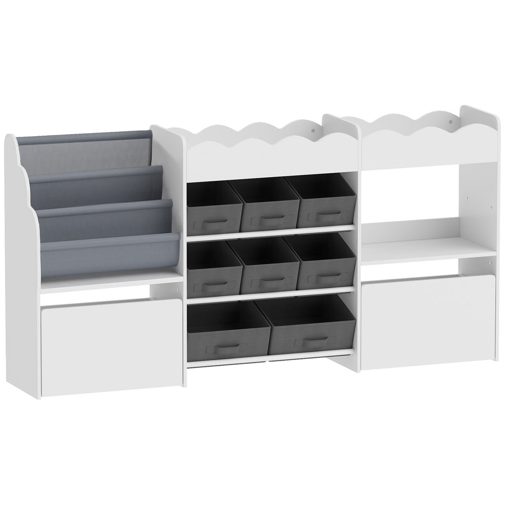 Meuble de rangement jouets enfant avec bibliothèque, 8 bacs en tissu, 2 tiroirs à roulettes et étagères ouvertes, blanc-0