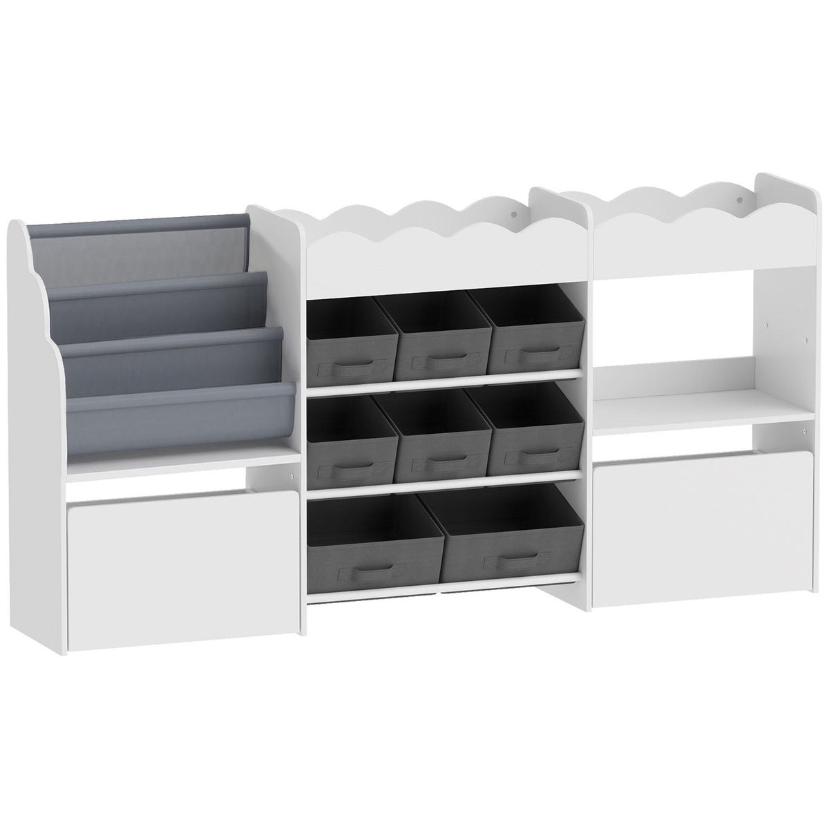 Meuble de rangement jouets enfant avec bibliothèque, 8 bacs en tissu, 2 tiroirs à roulettes et étagères ouvertes, blanc-0