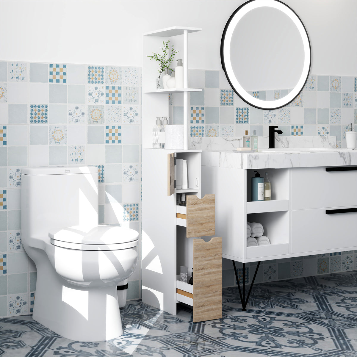 Meuble colonne salle de bain armoire de salle de bain avec tiroirs étagères ouvertes placard 15 x 33 x 136,8 cm blanc-9