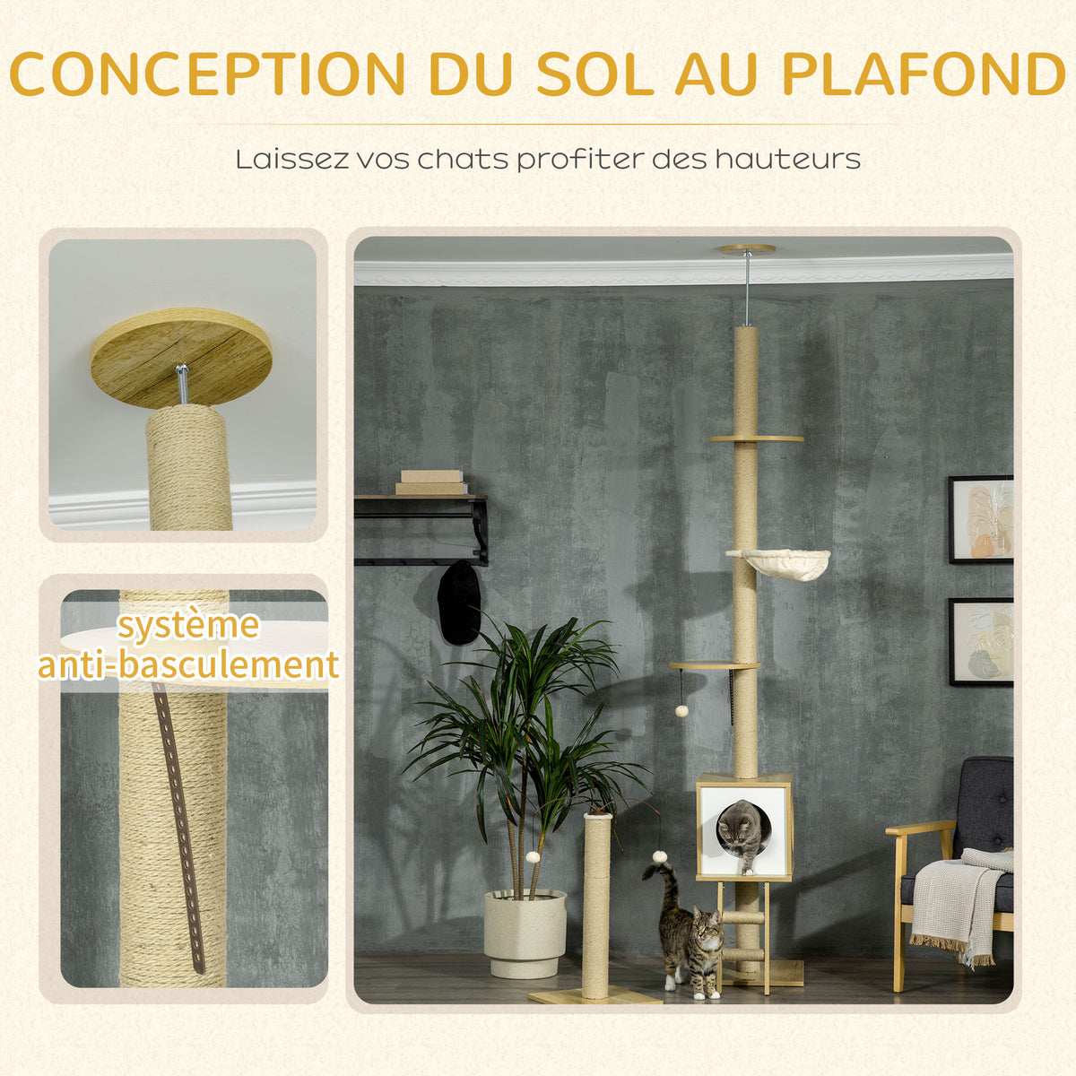 Arbre à chat sol au plafond hauteur réglable 225-285 cm avec poteau à gratter 4 niveaux niche hamac échelle jeux beige-4