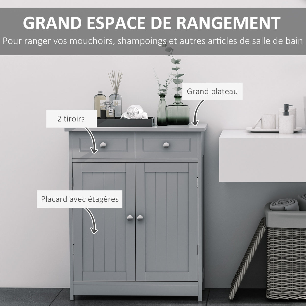 Meuble de salle de bain meuble de rangement 2 tiroirs placard double porte et étagère réglable 60 x 30 x 75 cm gris-3