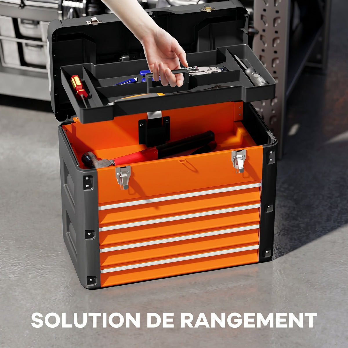 Boîte à Outils à 4 Tiroirs, Caisse à Outils en Acier Thermolaqué avec Plateau Amovible, 49,7x25,3x40,7cm, Orange-3
