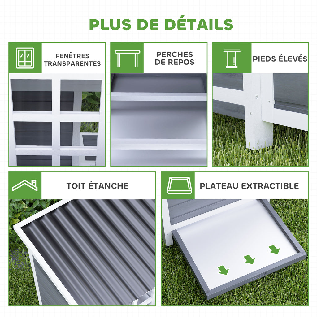 Poulailler en bois XL avec nichoir 3 compartiments tiroir amovible toit imperméable porte-rampe 100x86x100cm gris-6