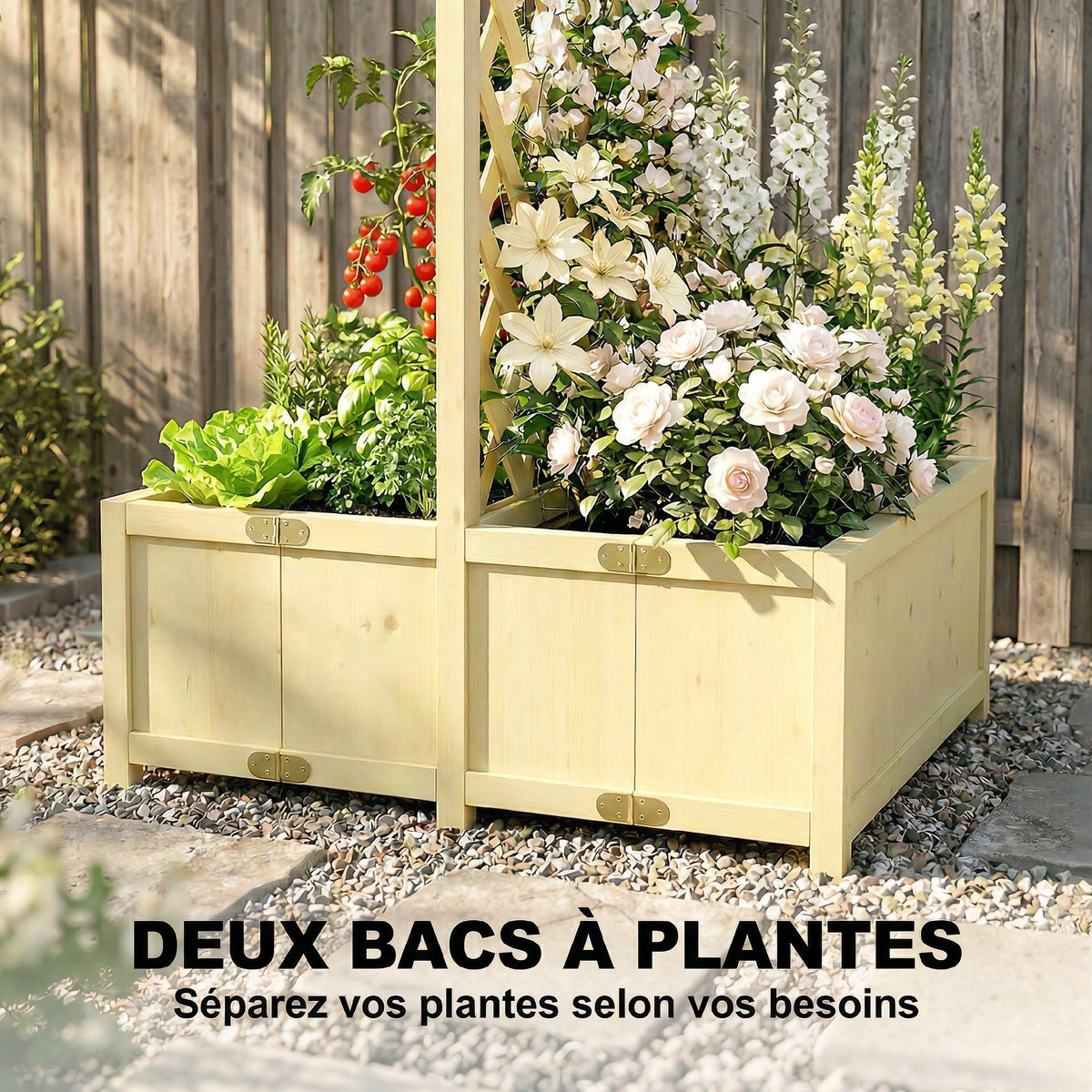 Jardinière avec Treillis Carré Potager Bois Pliable Double Bac à Fleurs pour Plantes Grimpantes 73 x 70 x 170 cm Naturel-3