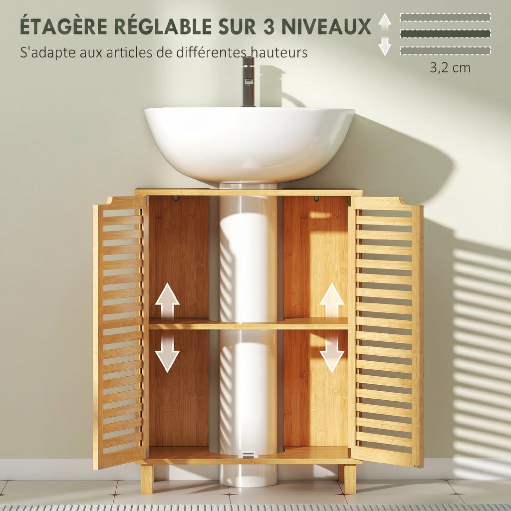 Meuble sous Lavabo en Bambou, Meuble de Salle de Bain avec 2 Portes Persiennes, Étagère Réglable, Bois Naturel-5