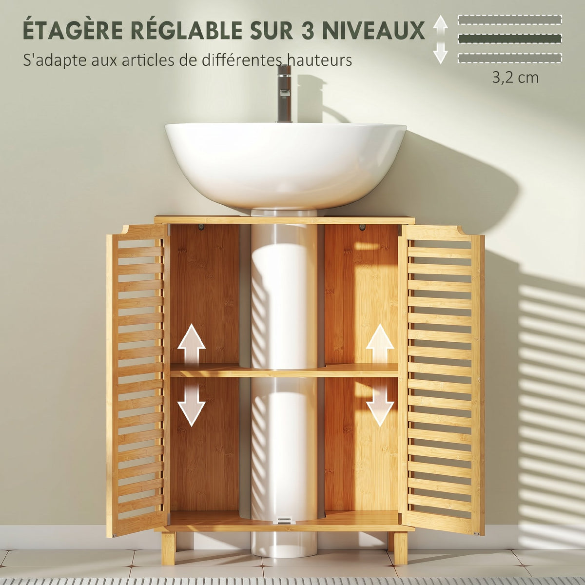 Meuble sous Lavabo en Bambou, Meuble de Salle de Bain avec 2 Portes Persiennes, Étagère Réglable, Bois Naturel-5