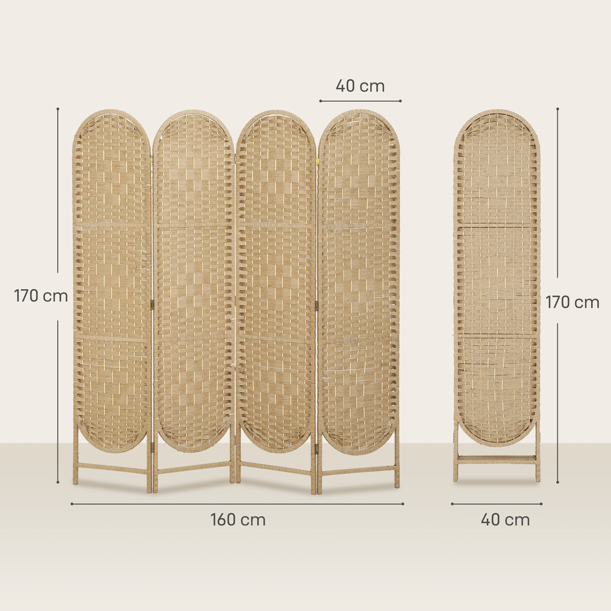 Paravent interieur ovale 4 panneaux 160 x 170 cm séparateur de pièce pliable, léger et tissé, bois naturel-2