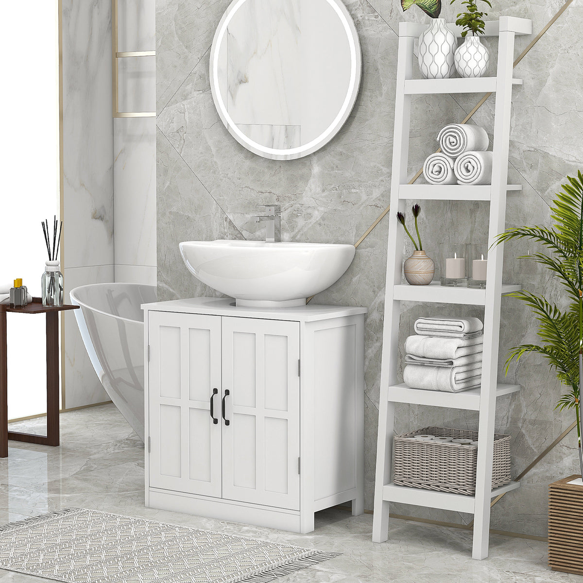 Meuble sous lavabo salle de bain meuble sous vasque avec double porte et étagère réglable, 60x30x60cm, blanc-1