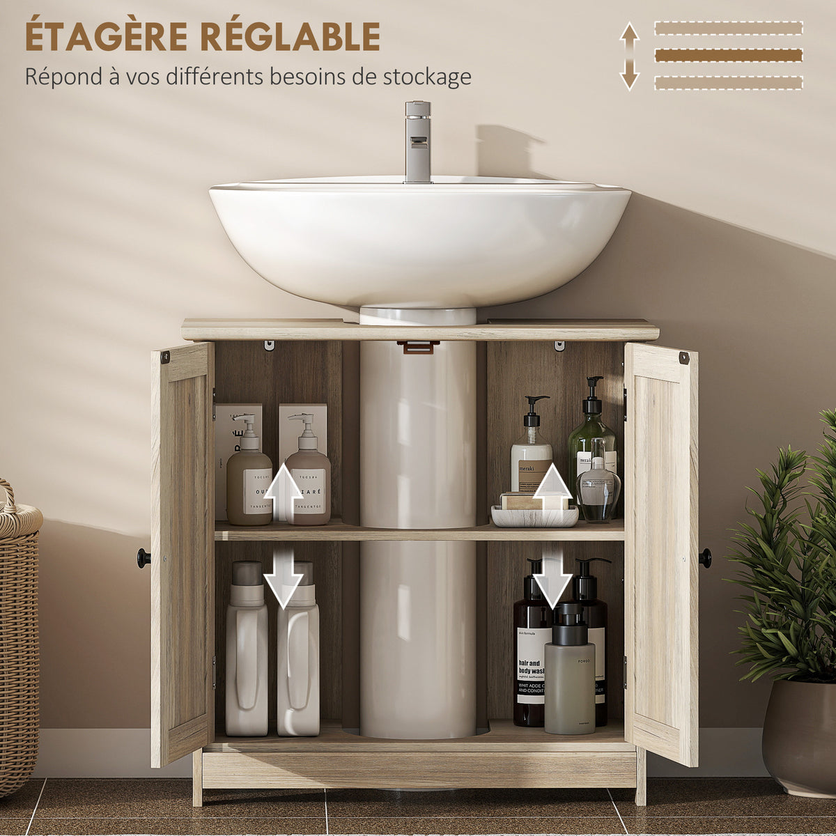 Meuble sous Lavabo, Meuble de Salle de Bain Placard à 2 Portes, Étagère Réglable, Anti-Humidité, 60 x 30 x 60 cm, Gris-4