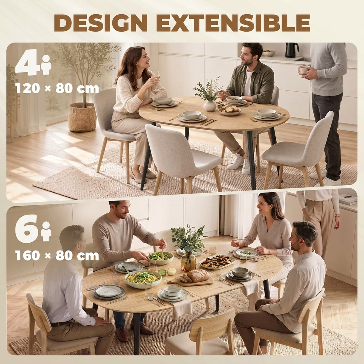 Table à manger extensible ovale pour 4 à 6 personnes, table de cuisine 120-160 cm, bords arrondis, chêne-3