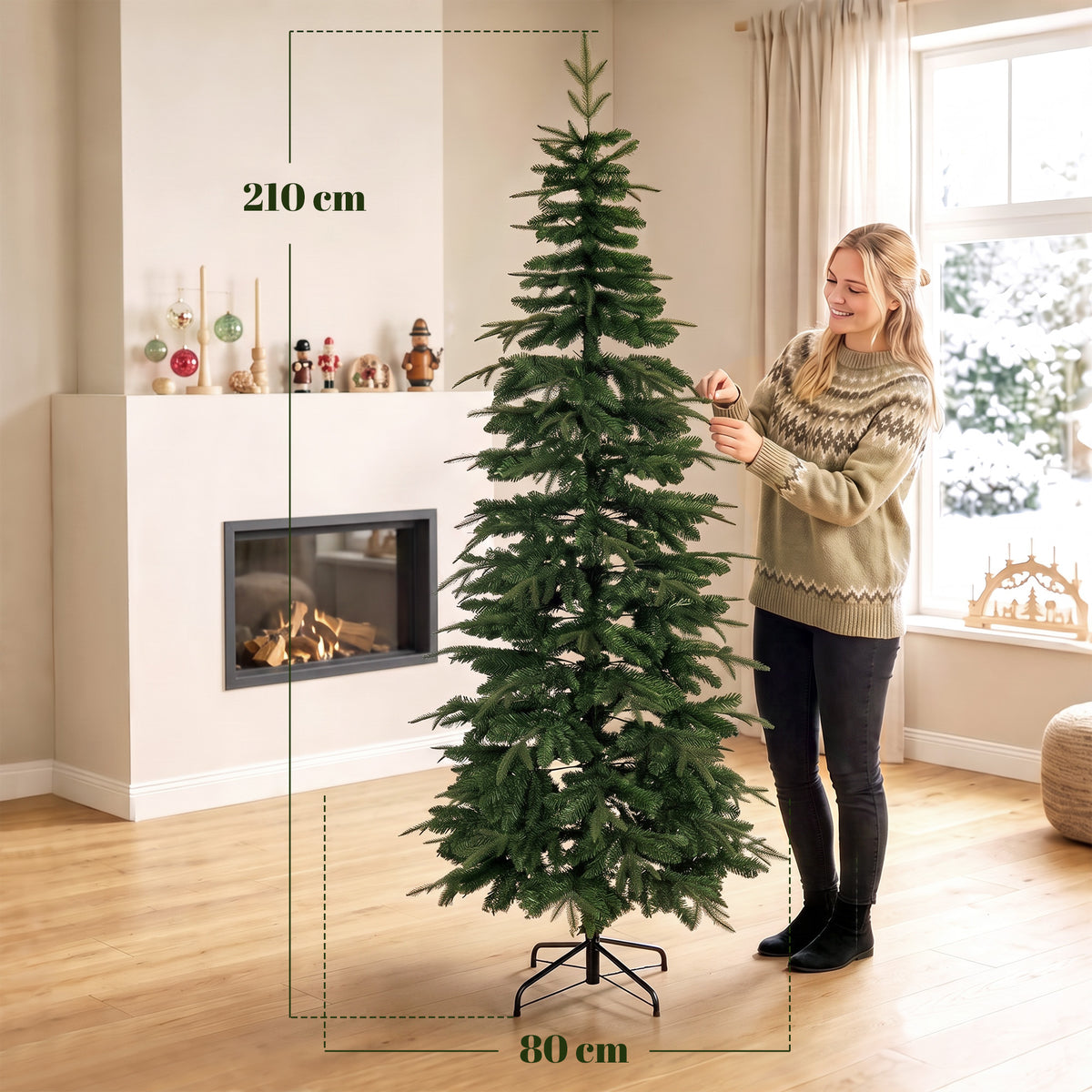 Sapin de Noël Artificiel 210 cm, Branches Articulées en PE et PVC Ignifuges, Support en Acier Pliable, Vert-2