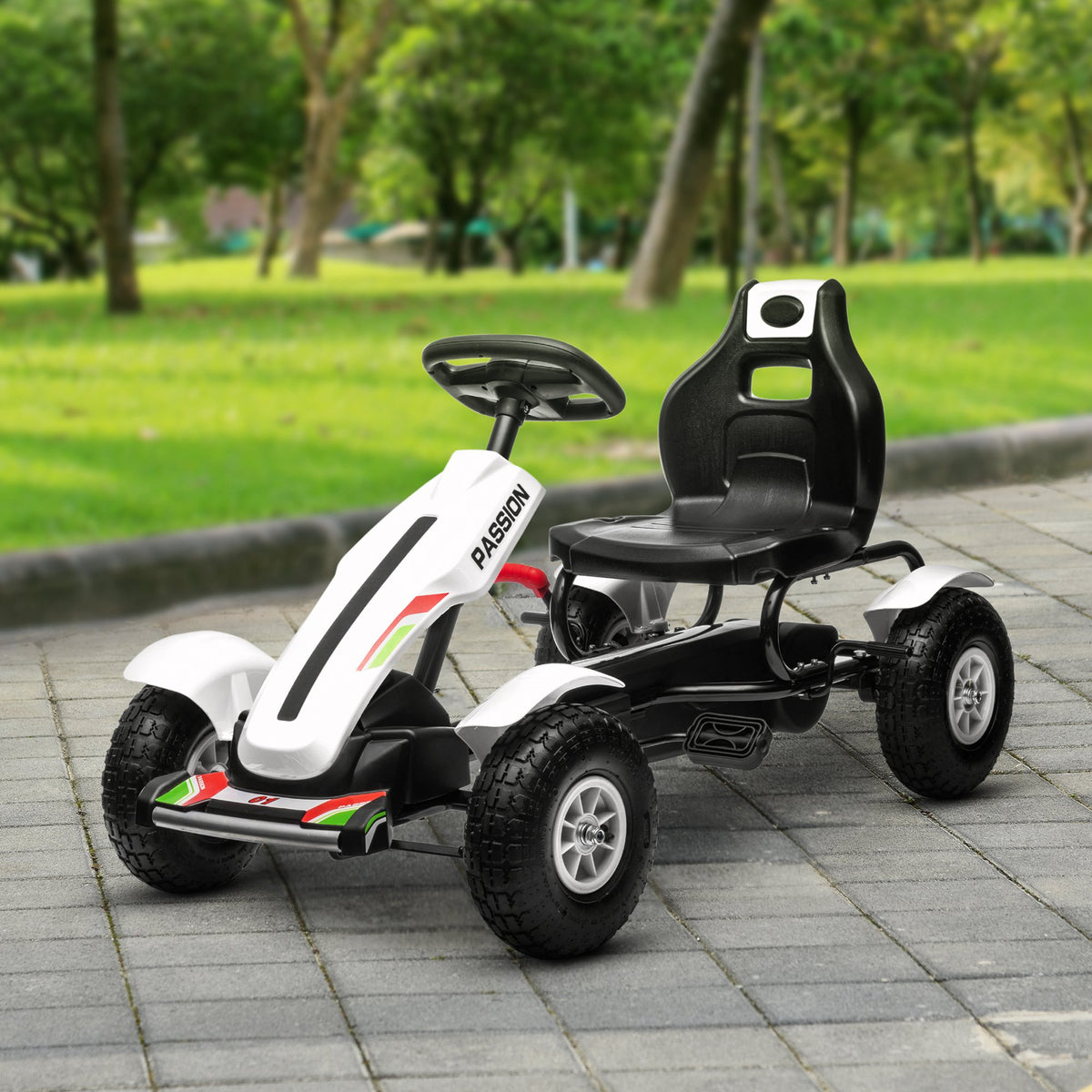 Kart à pédales pour enfant siège réglable 3 positions frein à main enfant de 5 à 12 ans blanc noir-9