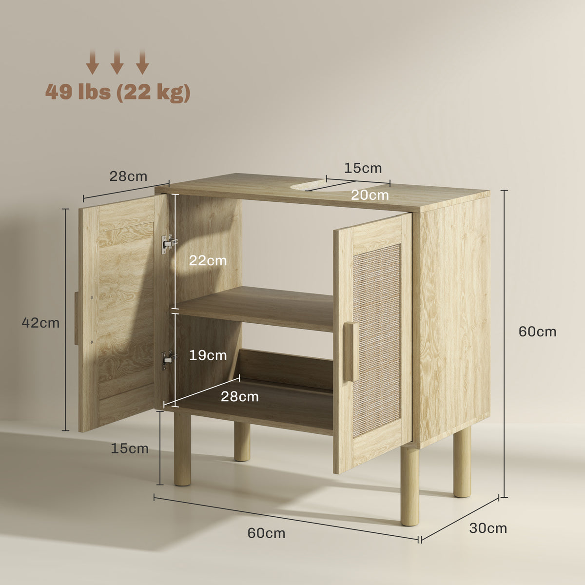 Meuble salle de bain sous lavabo meuble sous lavabo portes en rotin pieds bois de pin 2 niveaux 60 x 30 x 60 cm chêne-2