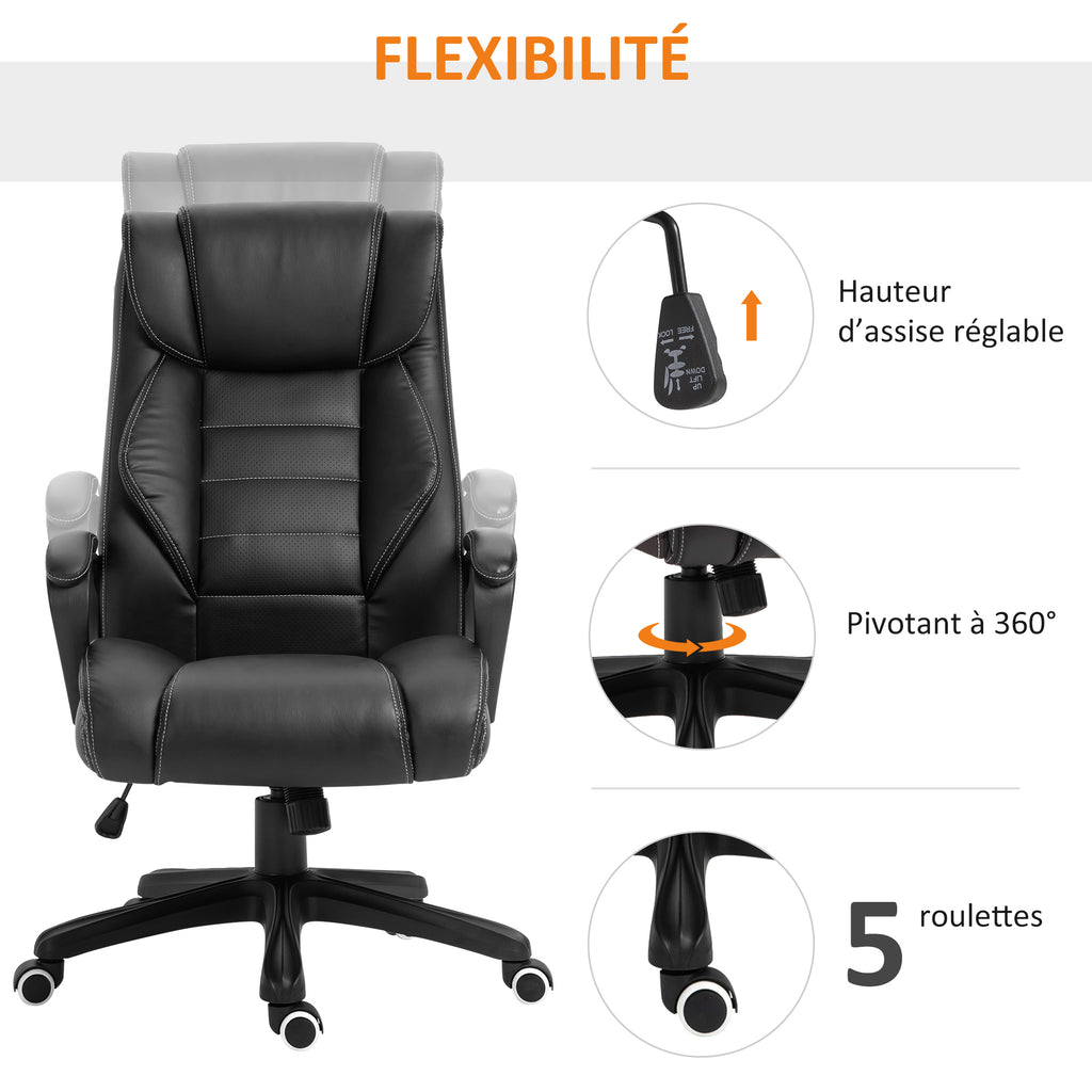 Fauteuil de bureau massant  fauteuil bureau ergonomique grand confort hauteur réglable fonction dossier à bascule revêtement synthétique noir-4