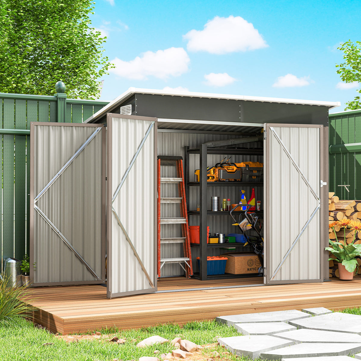 Abri de jardin en métal cabane jardin extérieure triple porte verrouillable toit incliné aérations 234x132x185cm gris-1