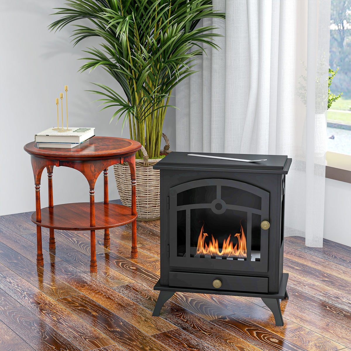 Cheminée bioéthanol sur Pied, brûleur 1,2 L, environ 3 h de durée de combustion Dim. 45L x 28l x 54H cm Acier Noir-6
