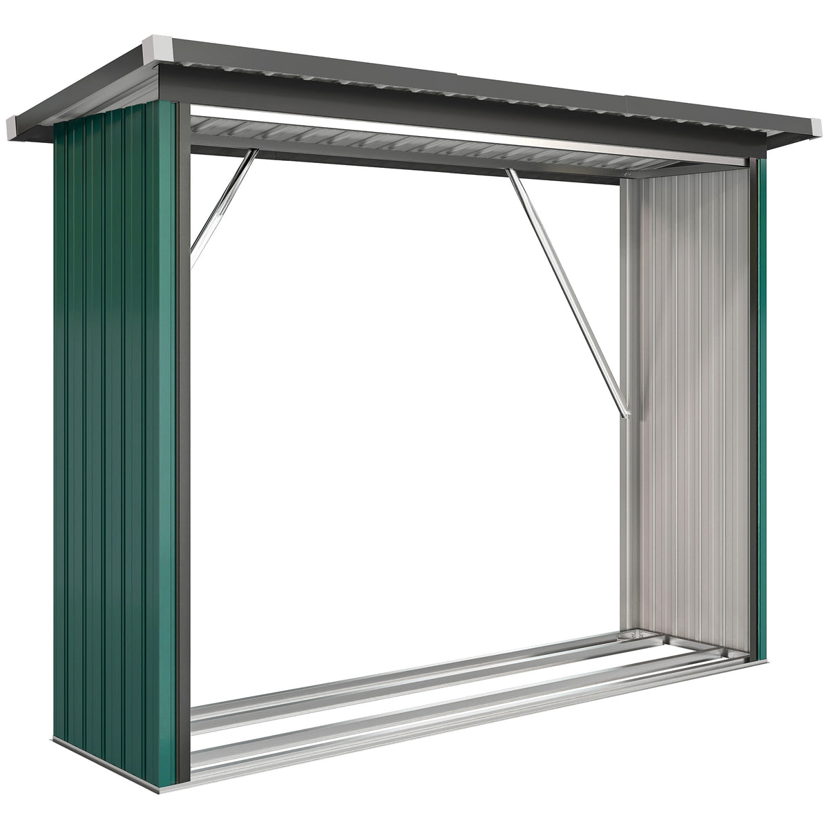 Abri-bûches Couvert Support pour Bois de Chauffage Plancher Surélevé Toit Incliné, Acier Galvanisé 213x66,5x150cm Vert-0