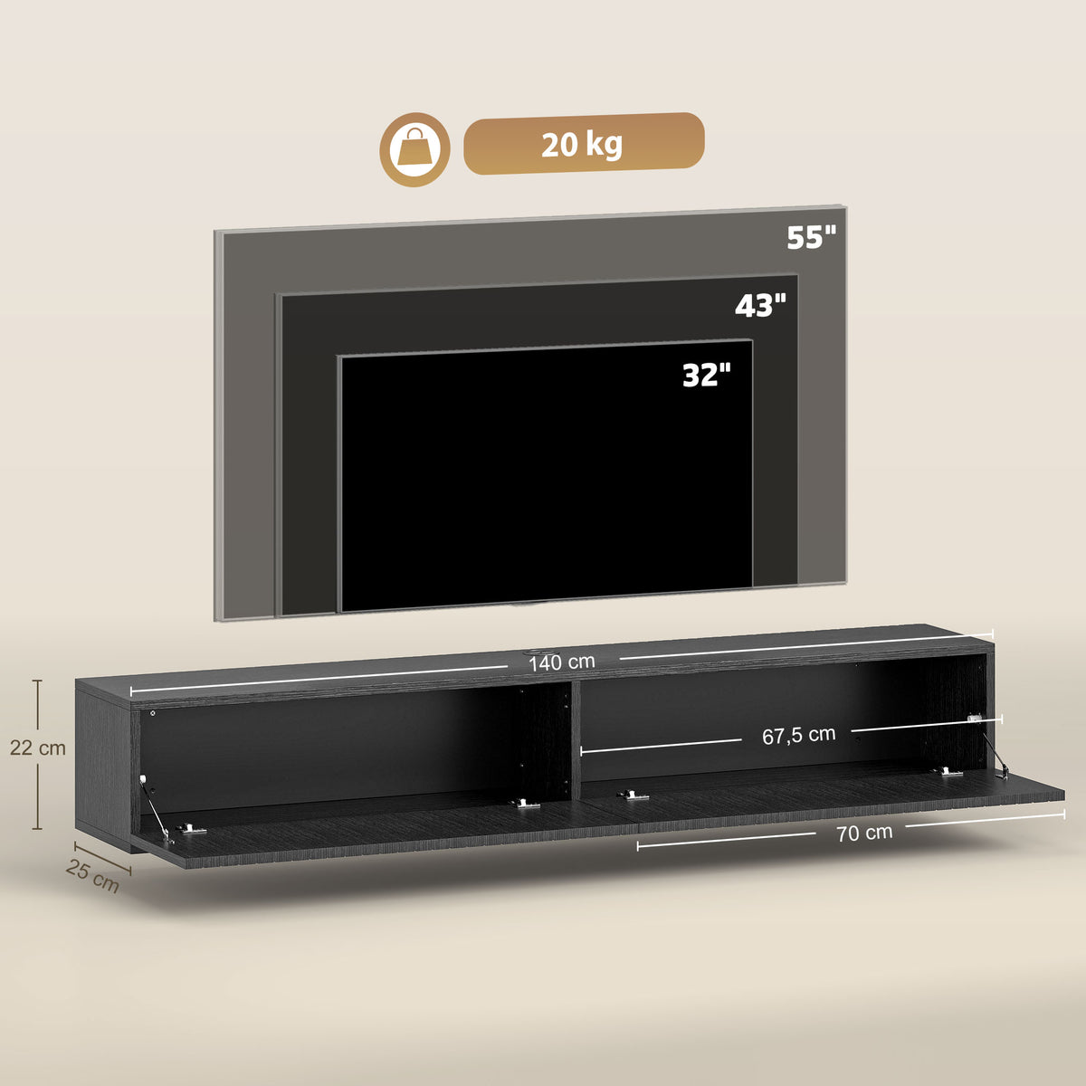 Meuble TV suspendu 140cm, meuble télé pour téléviseur 72 pouces, 2 portes rabattables, 140x25x22cm, noir-2