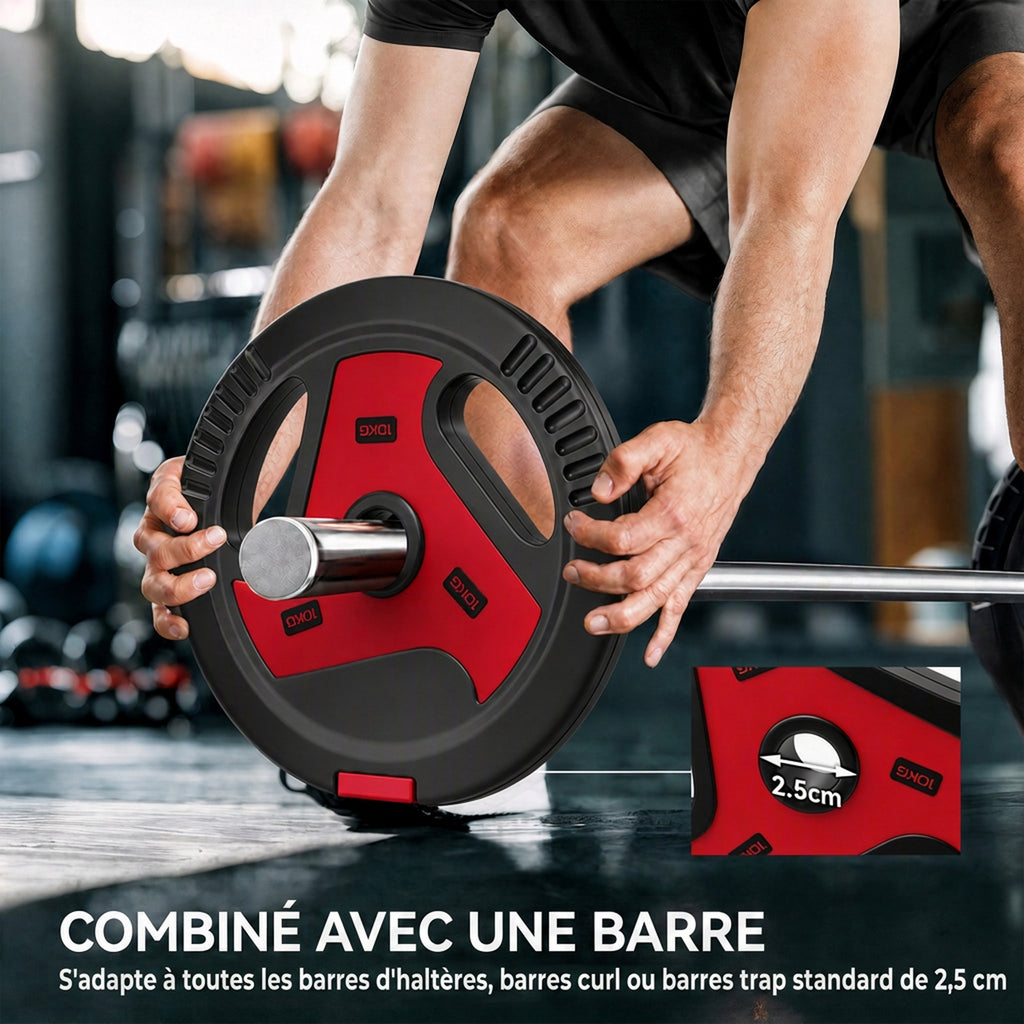 Disques de Poids 30 kg avec 3 Poignées, Disques d'Haltères 5/10 kg, Finition PP, Trous de Ø 25mm, Rouge-4