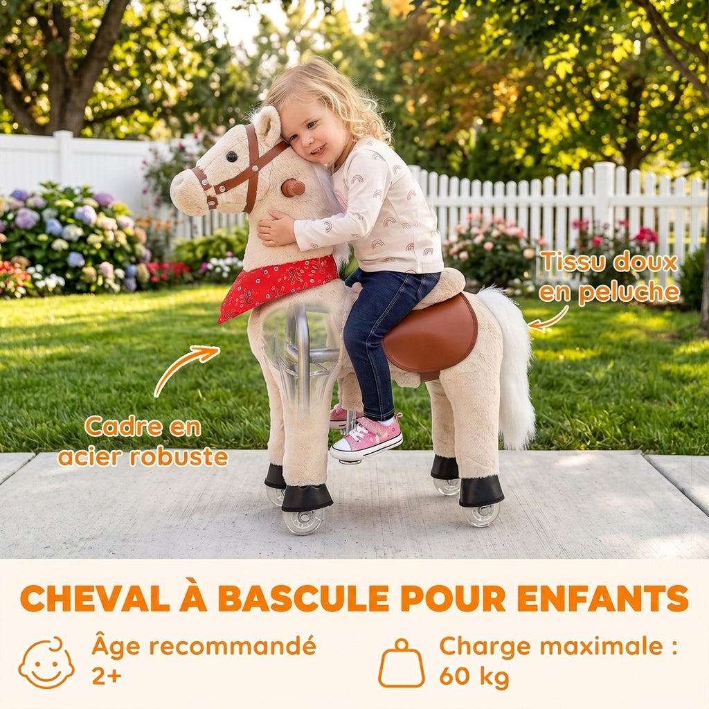 Cheval à bascule en peluche avec tête rotative, roues roulantes et sons de hennissement, dès 2 ans, marron clair-3