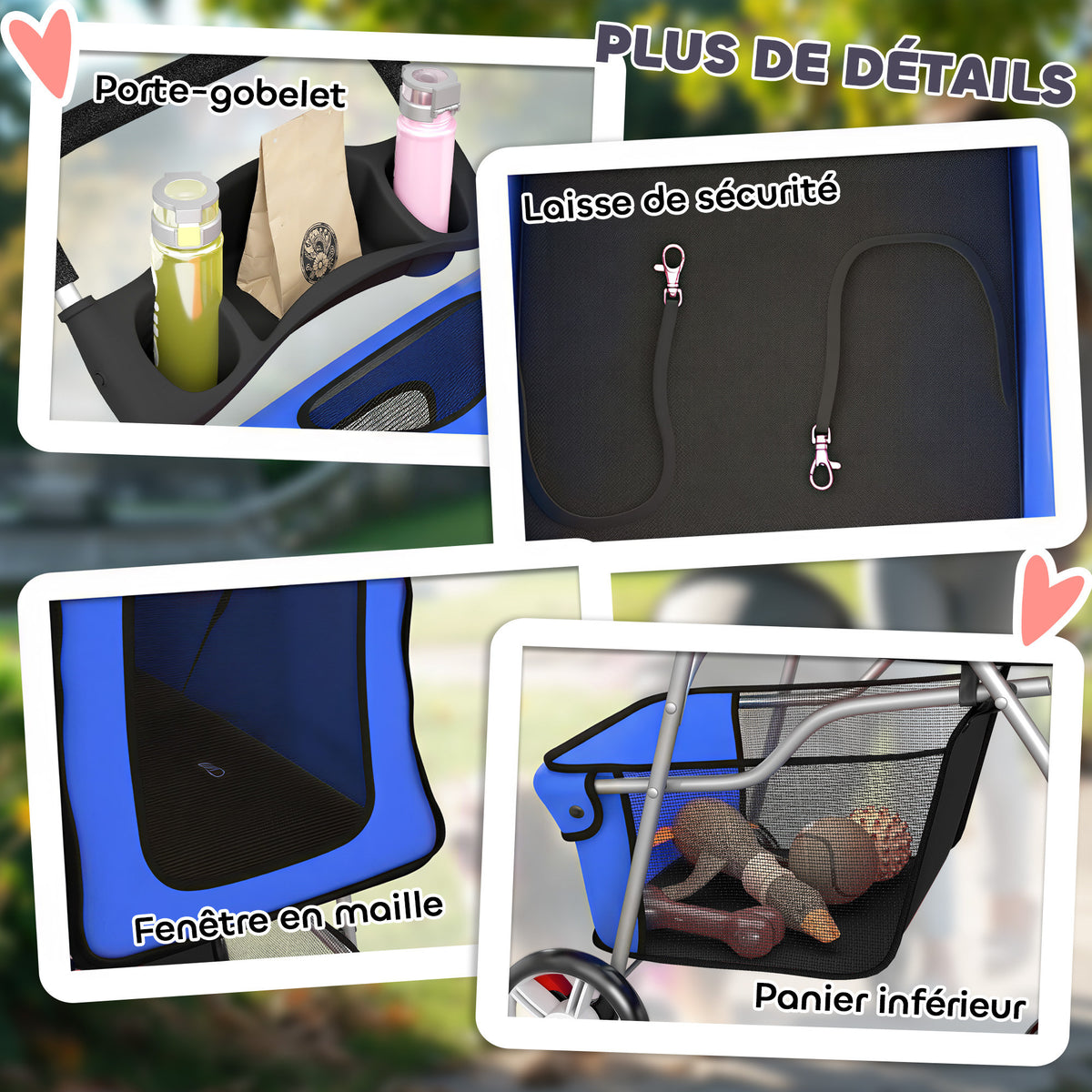 Poussette buggy pliable animaux porte-gobelet panier de rangement tissu 600D Oxford acier 75 x 45 x 97 cm bleu-7