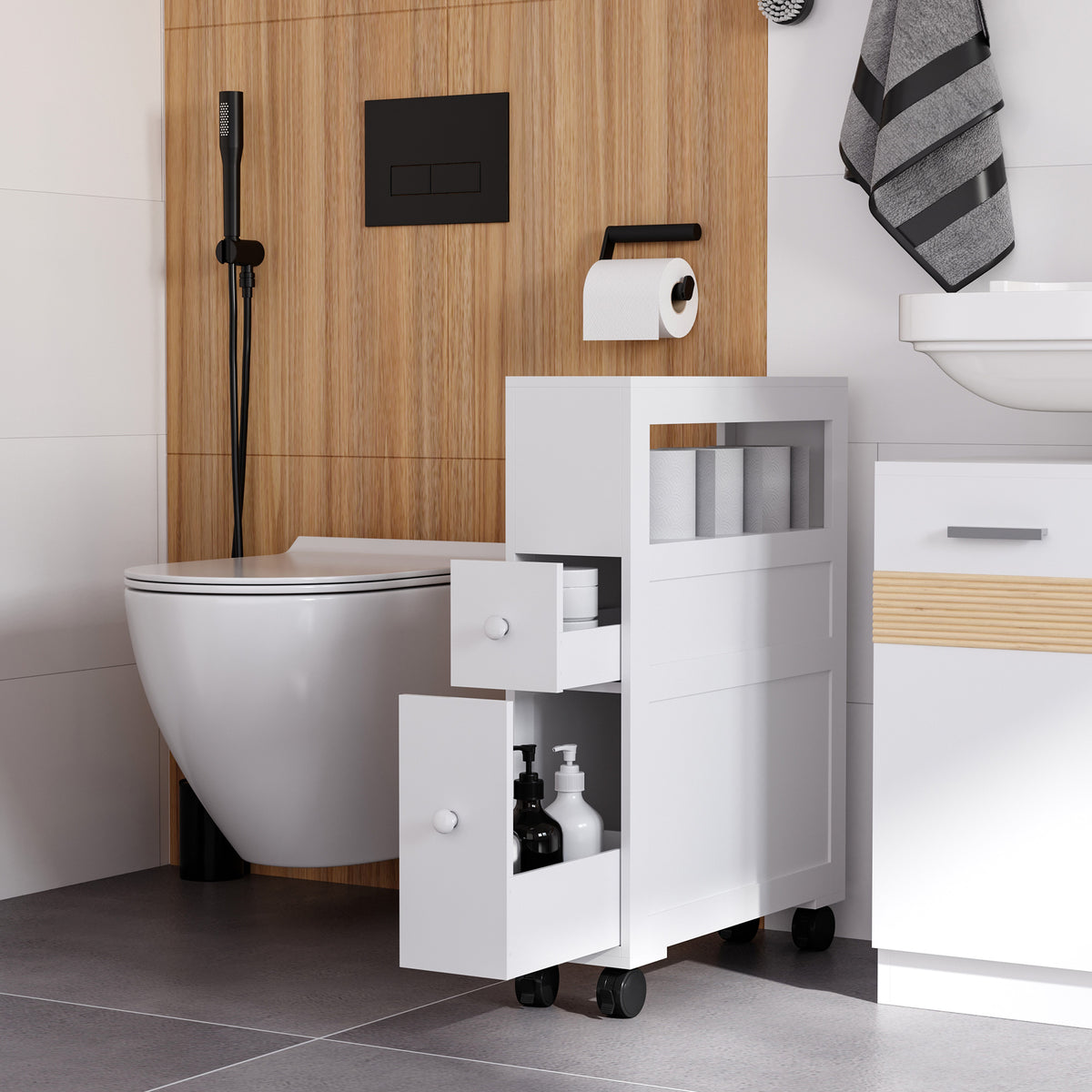 Meuble de rangement de salle de bain sur roulette armoire WC toilettes étagère ouverte 2 tiroirs 16 x 52 x 71,5 cm blanc-1