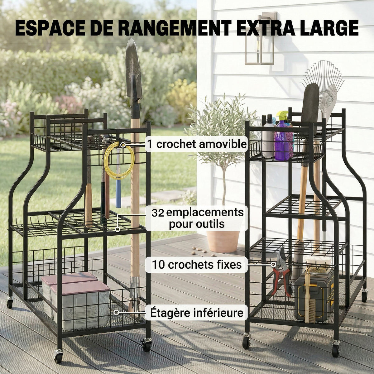 Organisateur d'Outils de Jardin en Acier à 3 Niveaux, 32 Emplacements, 4 Roues, 11 Crochets, 104x40x95cm, Noir-3