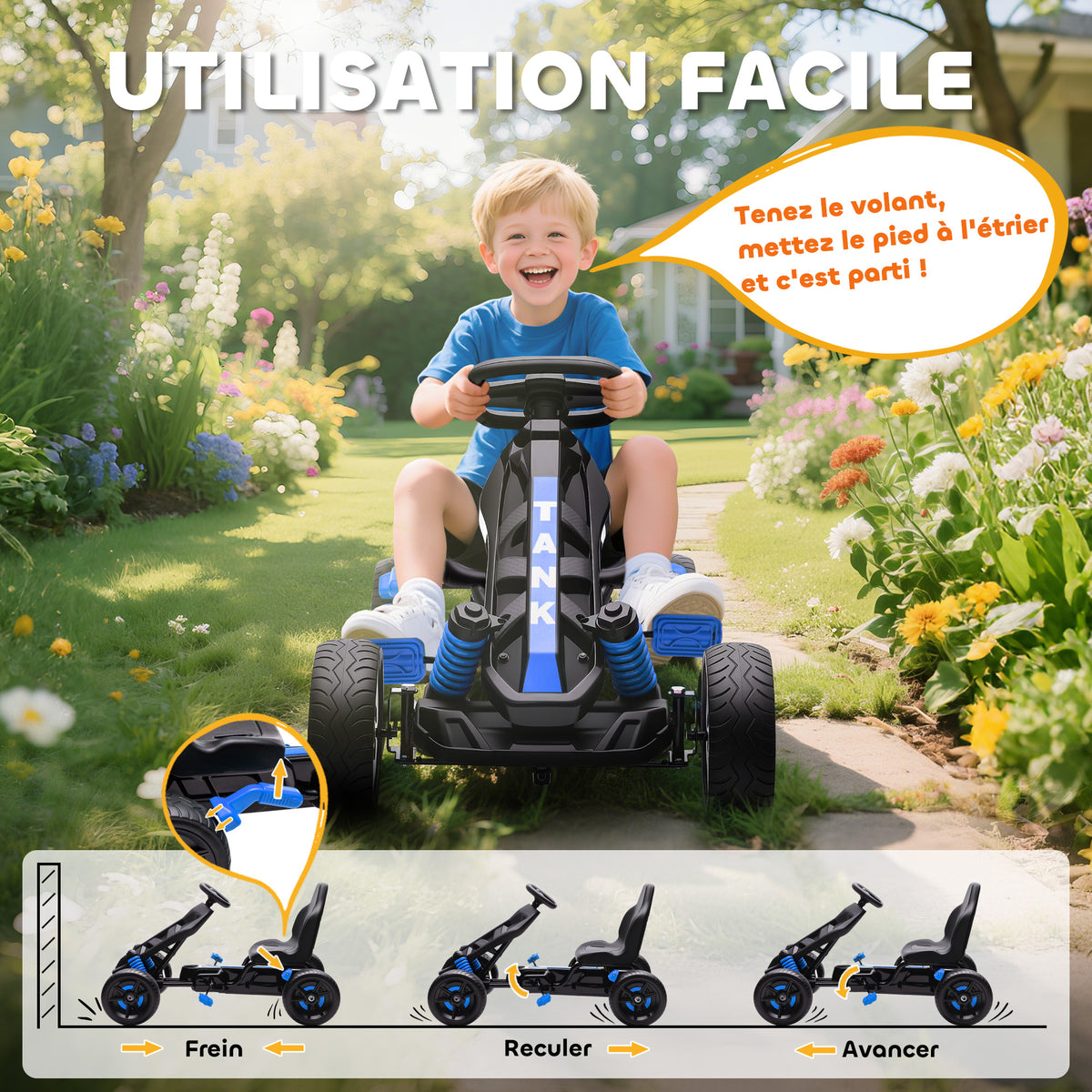 Kart à pédales pour enfants, karting enfant 3 à 6 ans avec roue libre, frein, roues EVA antidérapantes, bleu-4