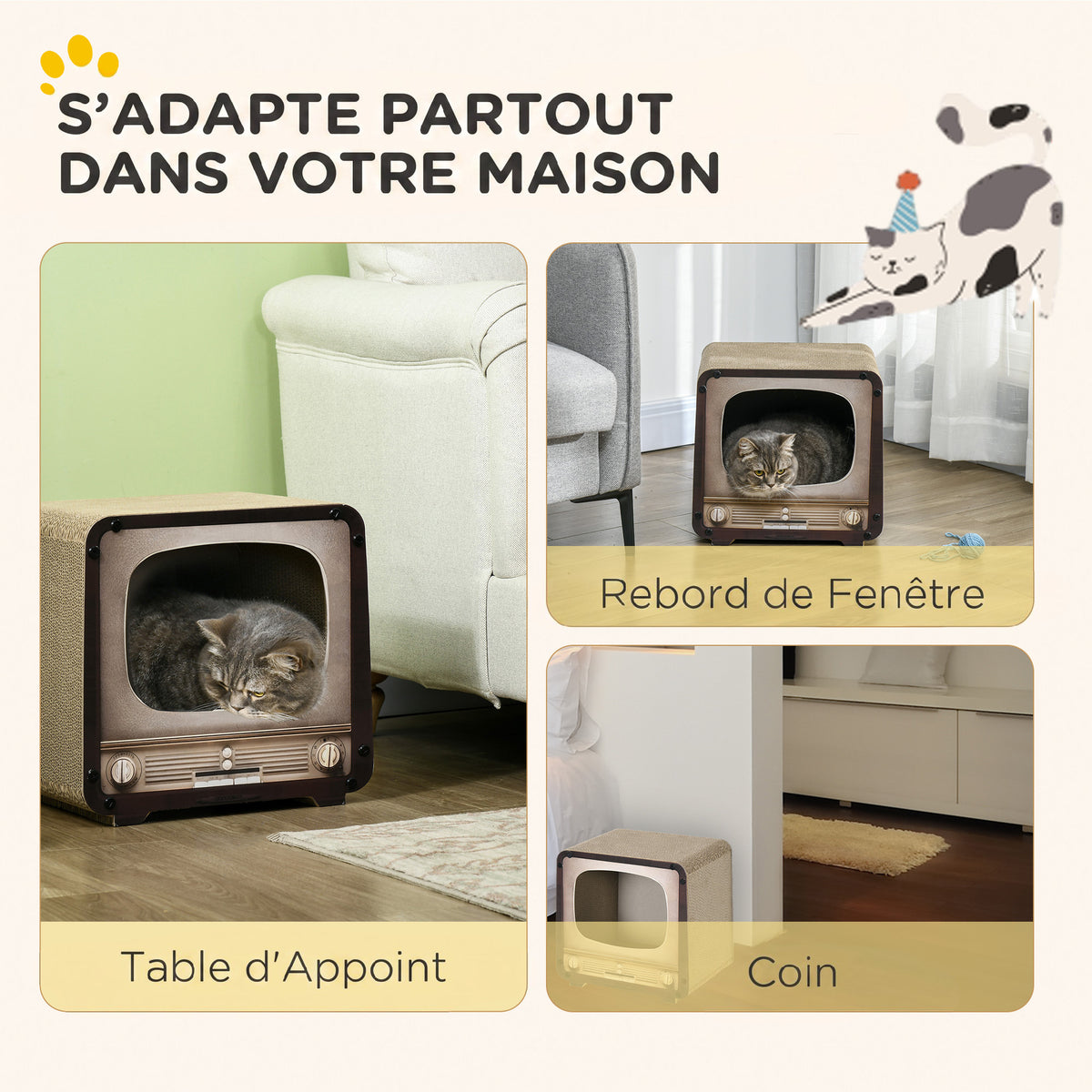 Griffoir pour Chat 2 en 1 en Forme de Téléviseur, Maison et Tapis à Griffer en Carton Ondulé, 39x29x37cm, Marron-3