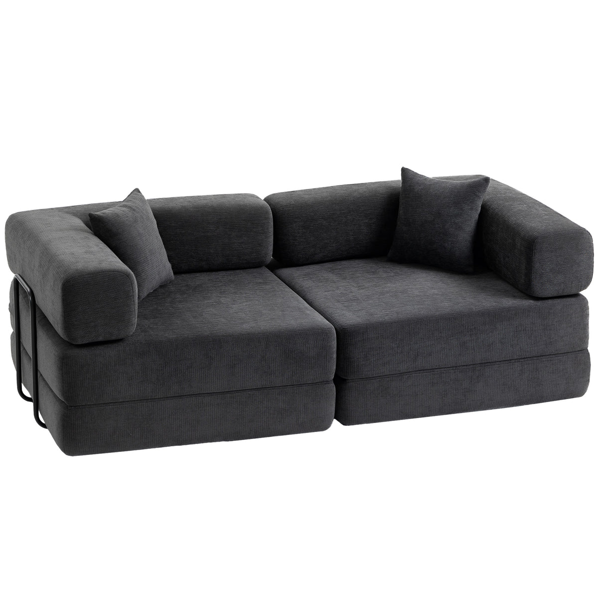 Canapé Convertible 2 Places, Canapé-Lit en Chenille 198 cm, Assise et Accoudoirs Larges, 2 Coussins, Gris Foncé-0