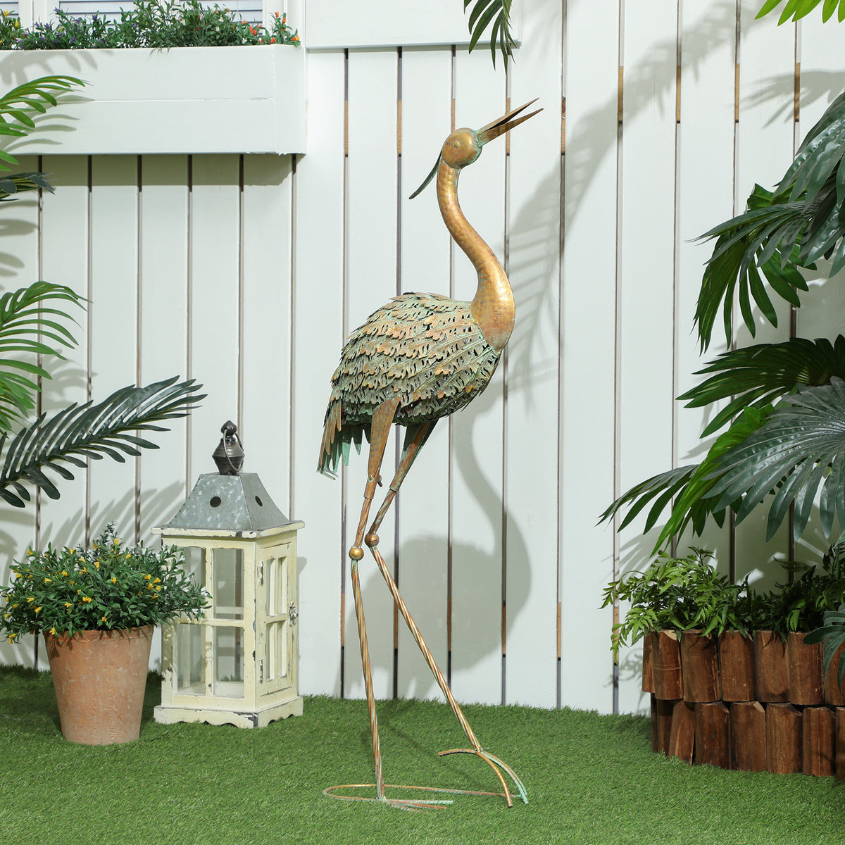 Statue jardin exterieur, sculpture de héron en métal, décoration de jardin exterieur 90 cm, multicolore-1