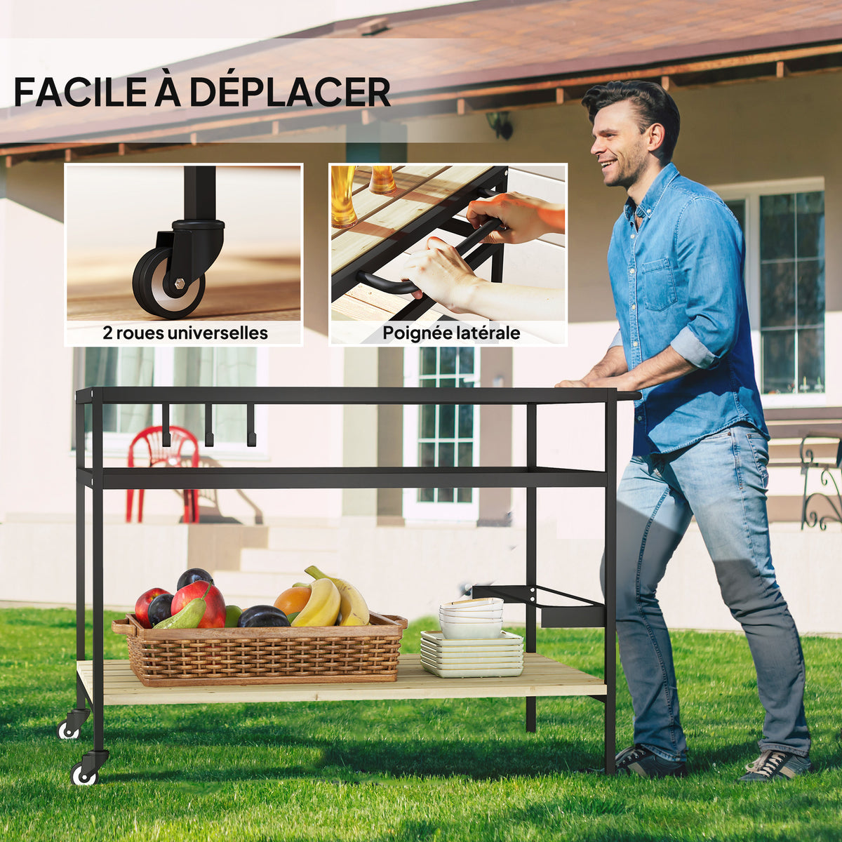 Desserte de jardin chariot pour plancha en bois et métal 2 étagères 3 crochets 107 x 65 x 80 cm noir naturel-4