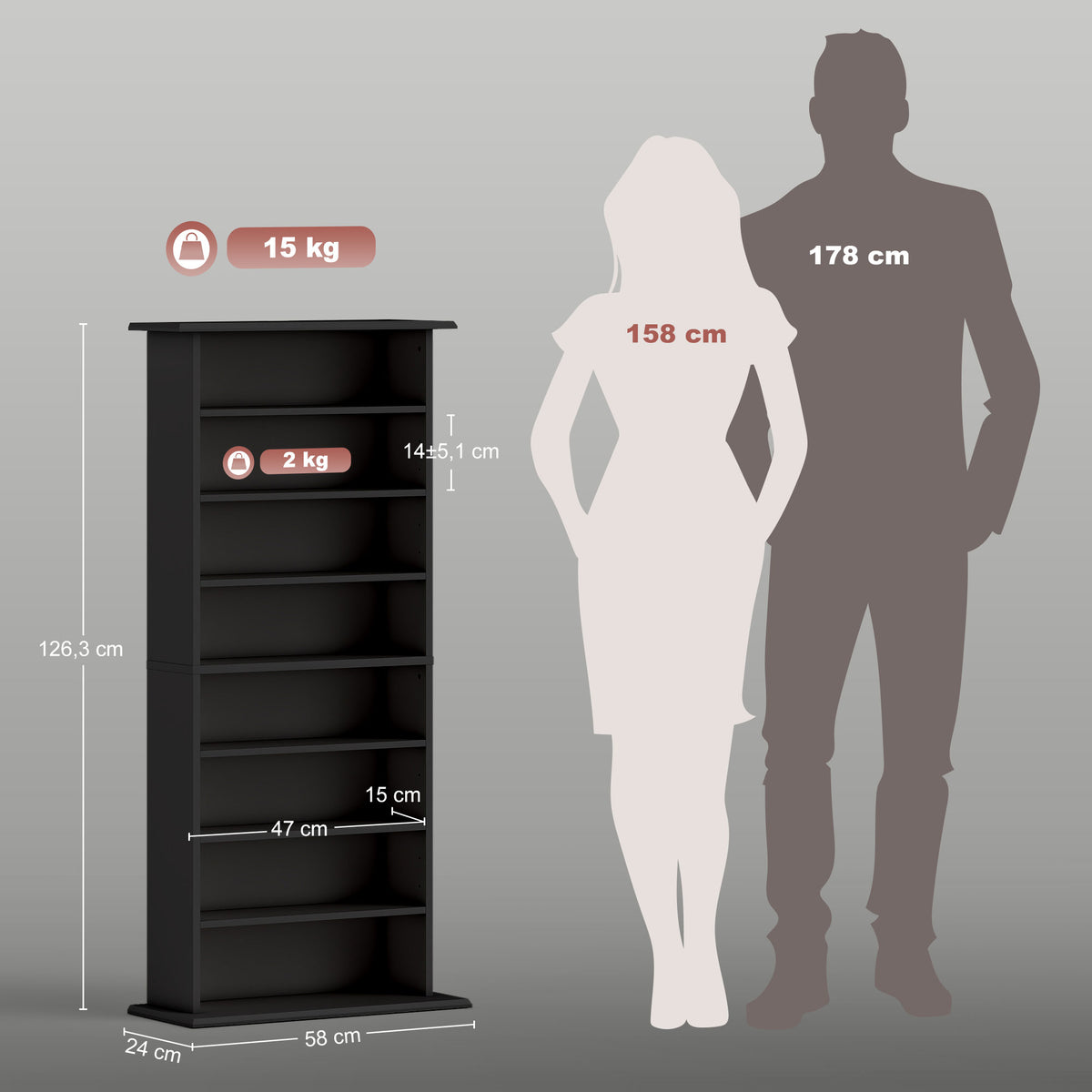 Rangements pour CD et DVD avec 8 compartiments et 6 étagères réglables, capacité max. 360 CD/185 DVD et Blu-ray, noir-2