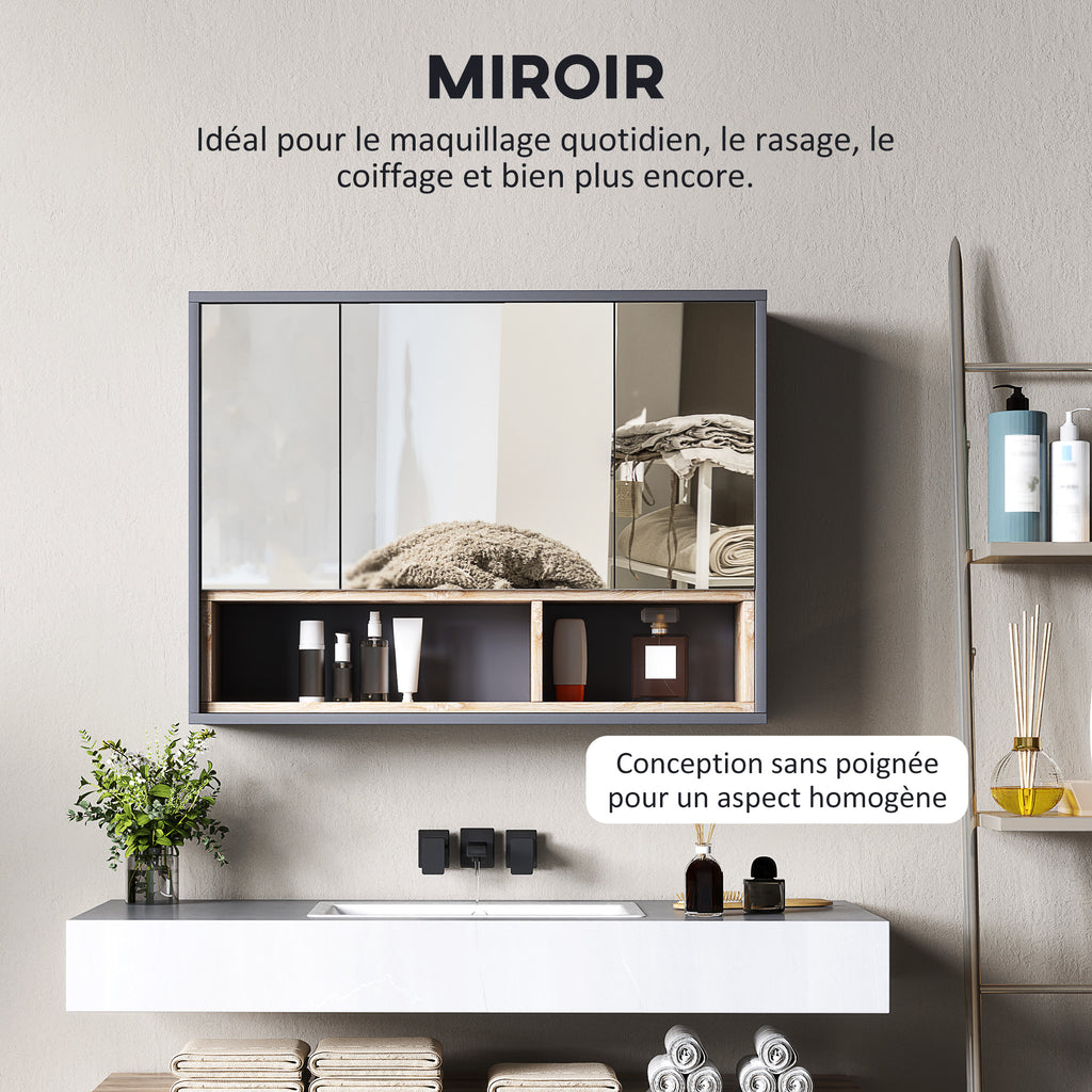 Meuble salle de bain avec miroir, armoire toilettes murale avec placards à 3 portes et 8 compartiments, gris-4