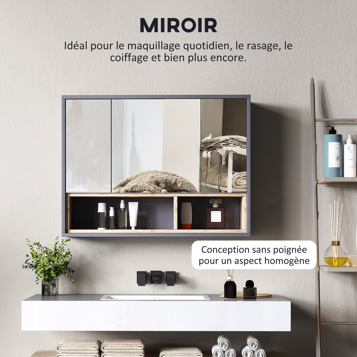 Meuble salle de bain avec miroir, armoire toilettes murale avec placards à 3 portes et 8 compartiments, gris-4