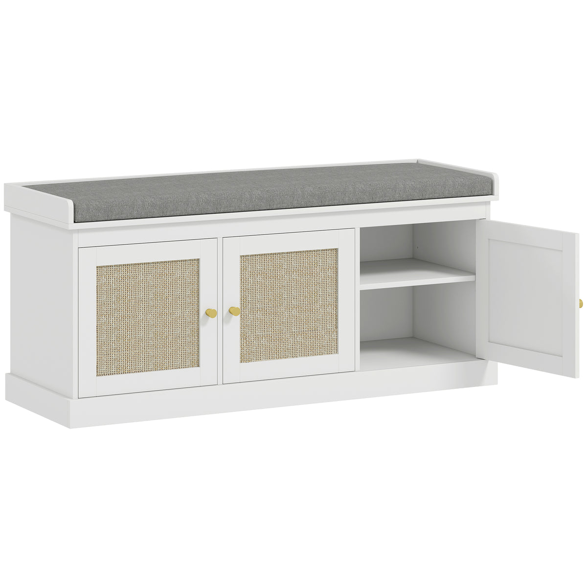 Banc chaussures entrée 9 paires, banc de rangement, 3 portes en rotin, coussin et étagère réglable, 105x35x47cm, blanc-0