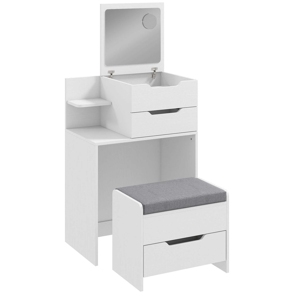 Coiffeuse avec Miroir Rabattable, Tabouret à Roulettes, Siège Rembourré, Tiroir, Étagère, Compartiment, Blanc-0